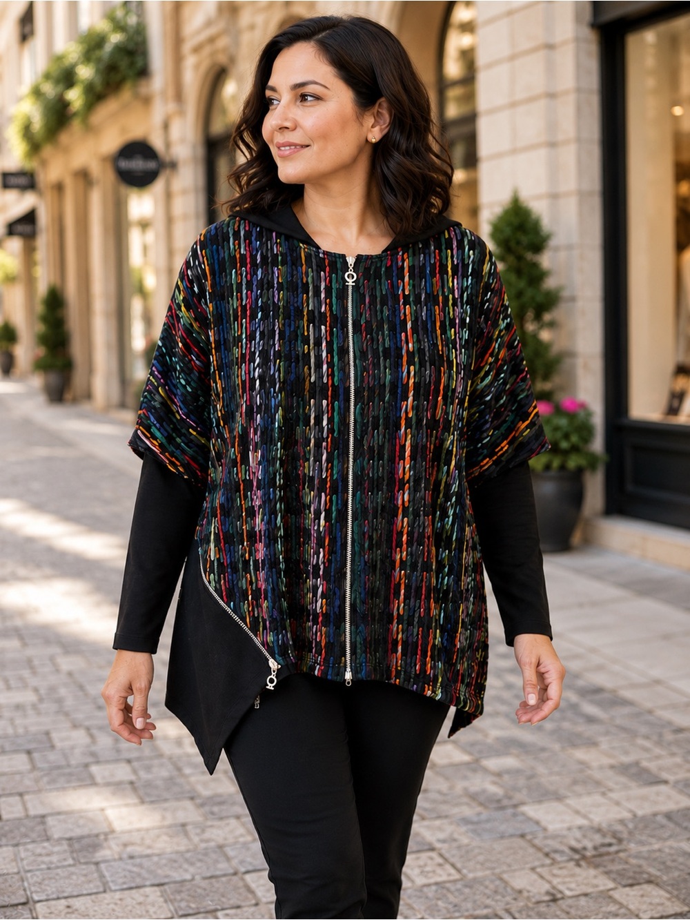 MySoul L Art to Wear Dolman Zip Jacket Lagenlook Black Multicolor Knit
